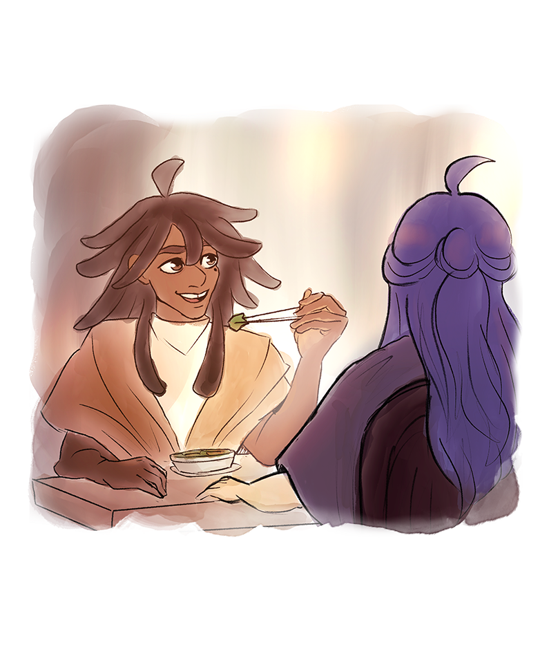 Imani eats with Xia in the inn