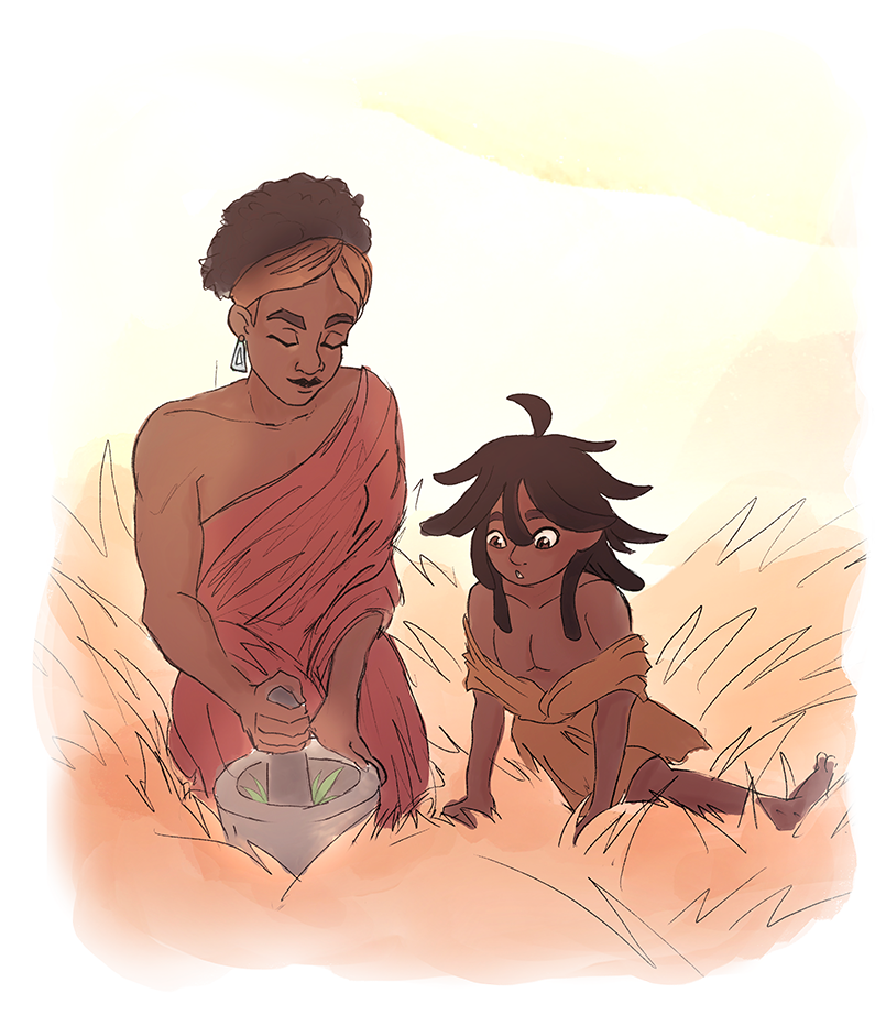 Imani looks at his mother with amazement while she prepares an herbal balm
